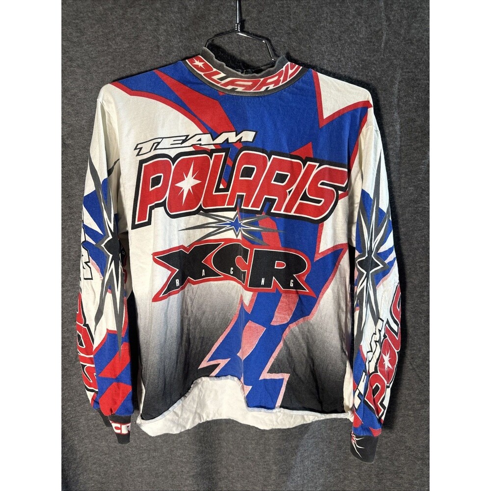 Vintage 90s Polaris Racing Motocross MX Jersey White Red Blue Made in USA Large